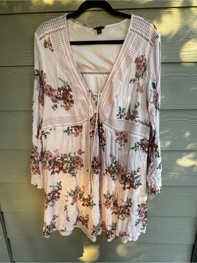 Floral Crochet Trim Peasant dress - baby pink cottagecore romantic boho